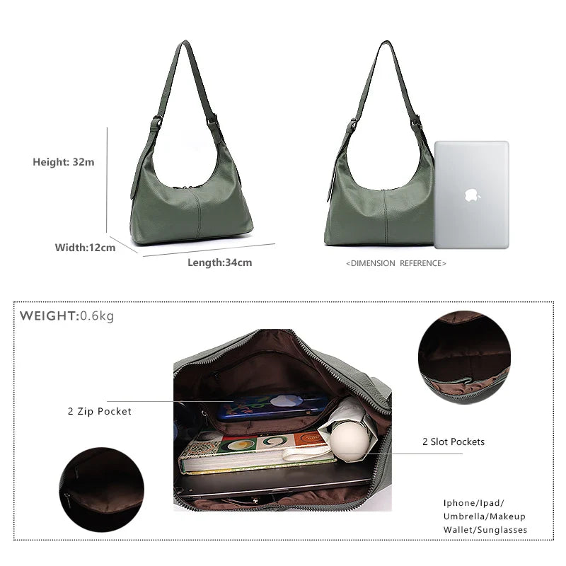 Luxury Women Cowhide Crossbody Bag Large Casual Shoulder Purse Wide Strap Handbag Female Daily 100% Genuine Leather Hobo Sack
