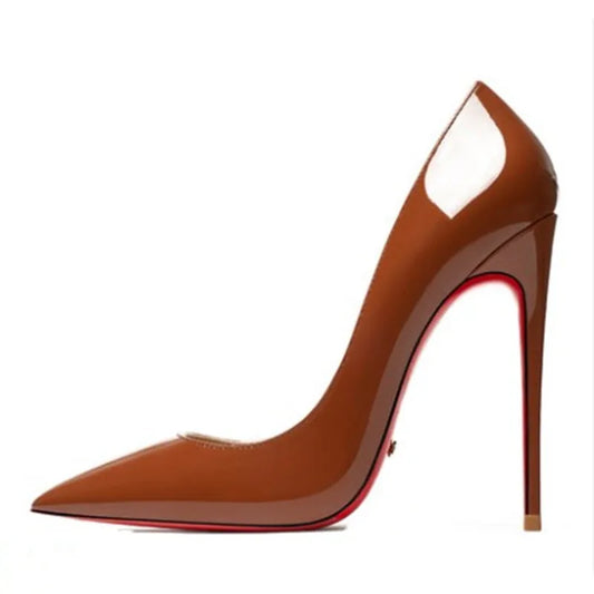 12CM Brown Patent Leather Pumps Women Red Bottom Heels Elegant High Heeled Stilettos Evening Shoe for Party