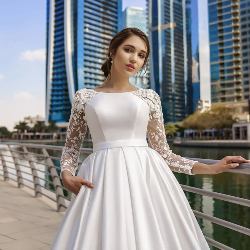 Dubai Modest Wedding Dresses Lace Long Sleeve Satin Bride Dress With Belt Women Elegant Wedding Party Gowns Customized