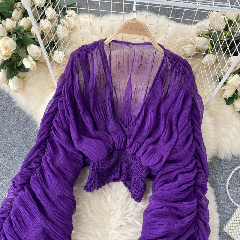 Summer Sexy Draped Chiffon Blouse For Women Elegant V-Neck Puff Long Sleeve Short Tops Female Slim Party Shirts 2022 New Fashion