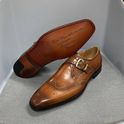Men's Luxury Genuine Leather Wingtip Oxfords Italian Monk Strap Buckle Brogue Dress Shoes for Business Wedding Formal Wear