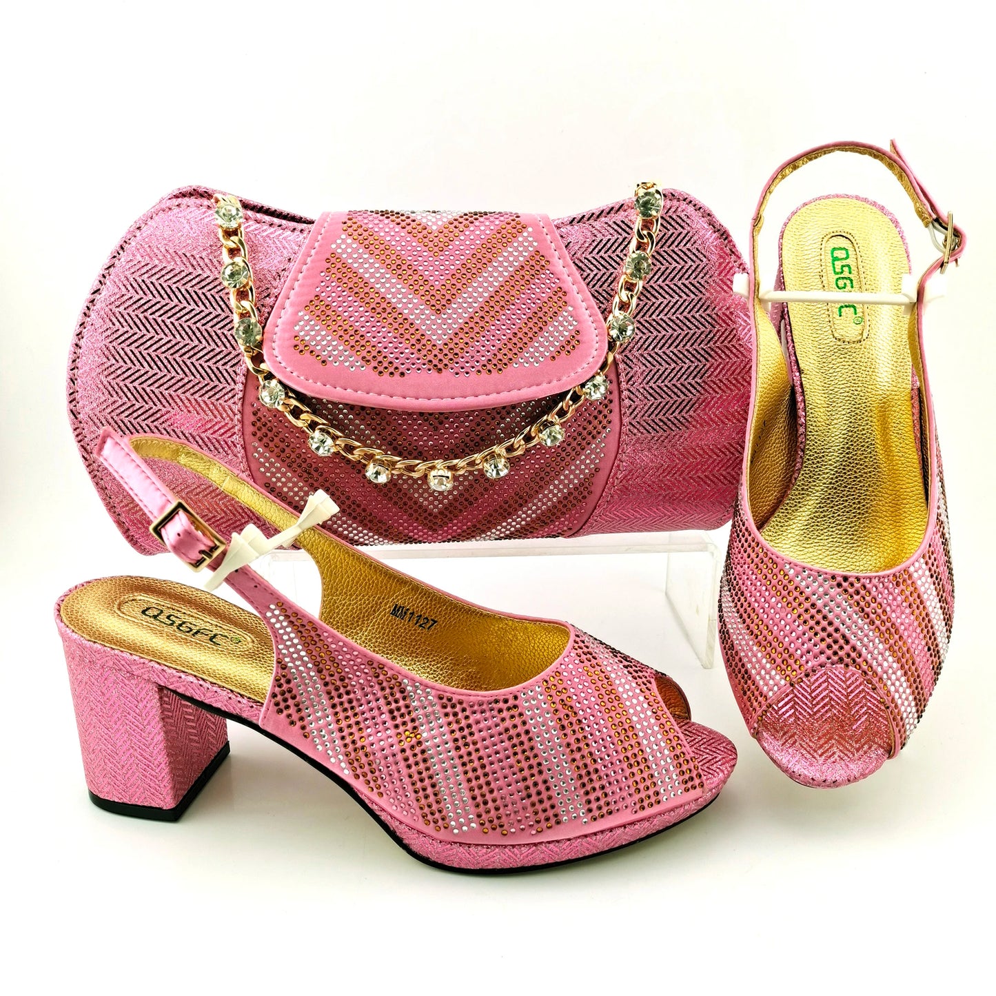 Newest Orange Color Good Quality Shining Printing Material Ladies Shoes and Bag Set African Concise Style For Wedding Party