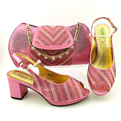 Newest Orange Color Good Quality Shining Printing Material Ladies Shoes and Bag Set African Concise Style For Wedding Party