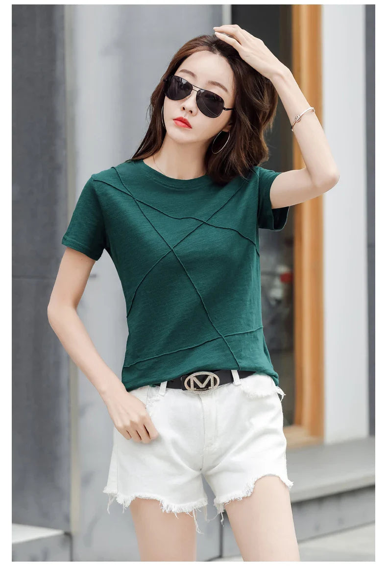 Summer Slim Cotton Bamboo T-Shirts Women 2026 O-Neck Short Sleeve Ribbed Tshirts Female Casual Solid Color Tops