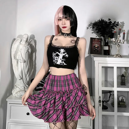 Pink Skirt Japanese College Style Youth Girl Plaid Skirt Female High Waist Slim Lolita Cosplay Y2k Skirt Goth Skirt