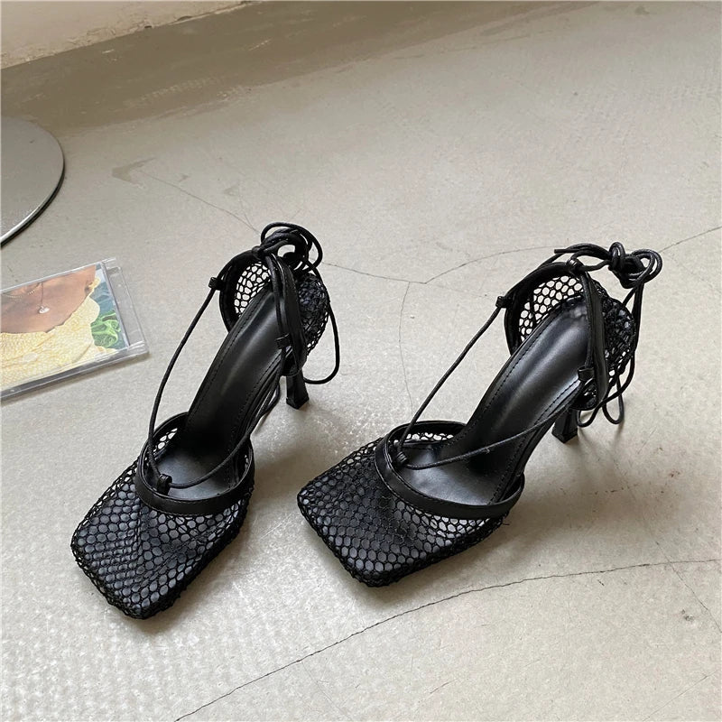 2026 Stiletto Heels Mesh Fashion Sandals Square Toe Cross-Tied Shallow Concise Party Rome Solid Summer Shoes for Women