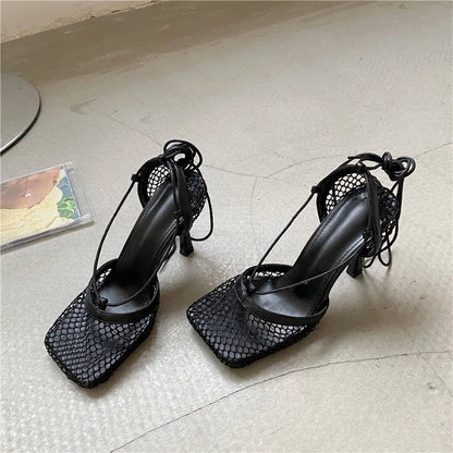 2026 Stiletto Heels Mesh Fashion Sandals Square Toe Cross-Tied Shallow Concise Party Rome Solid Summer Shoes for Women