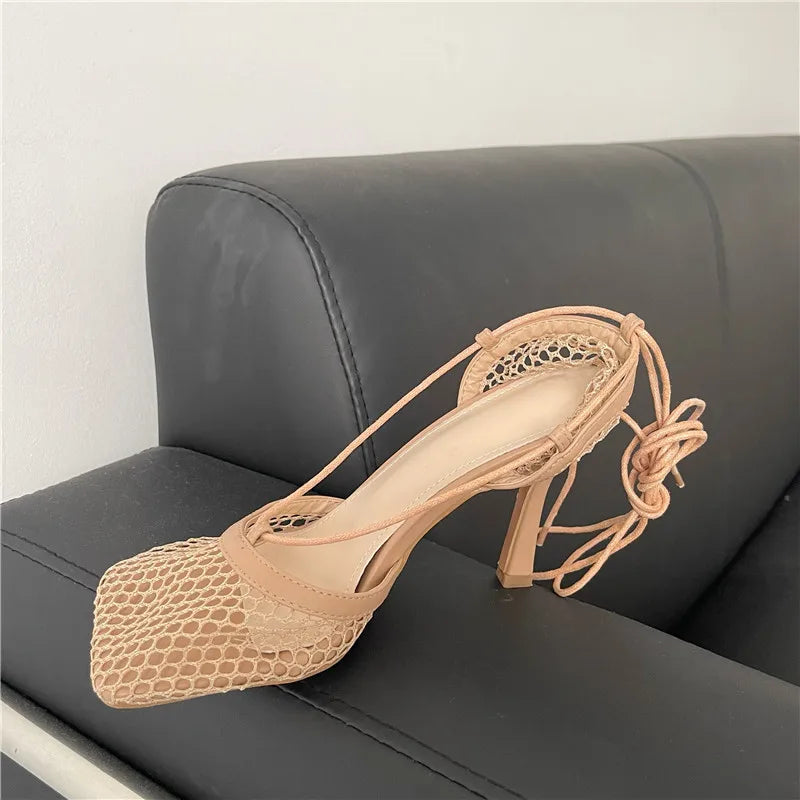 Fashion Hollow Breathable Mesh Square Toe Stiletto High Heels Women Pumps Ankle Lace-Up Elegant Dress Ladies Shoes