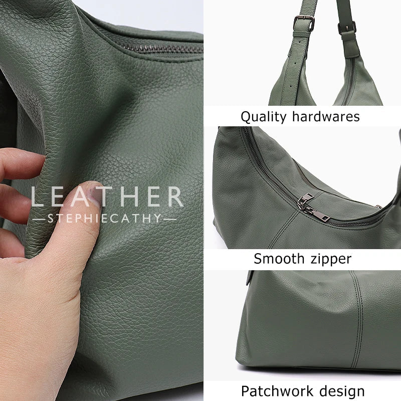 Luxury Women Cowhide Crossbody Bag Large Casual Shoulder Purse Wide Strap Handbag Female Daily 100% Genuine Leather Hobo Sack