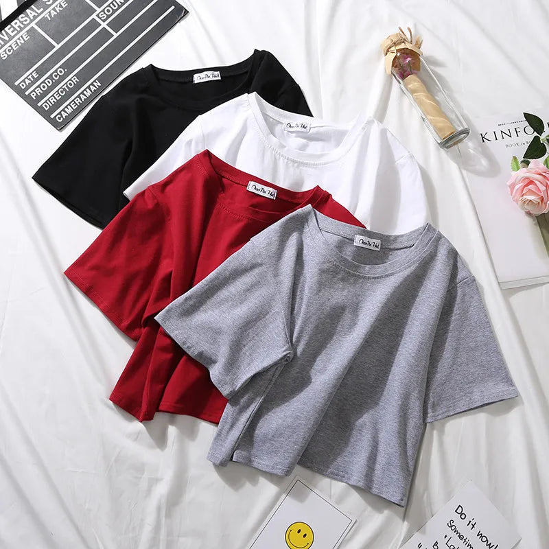 Summer Short Sleeve T Shirts Women  Solid T-shirt O Neck High Waist Crop Top Tee Female Casual Loose T Shirt
