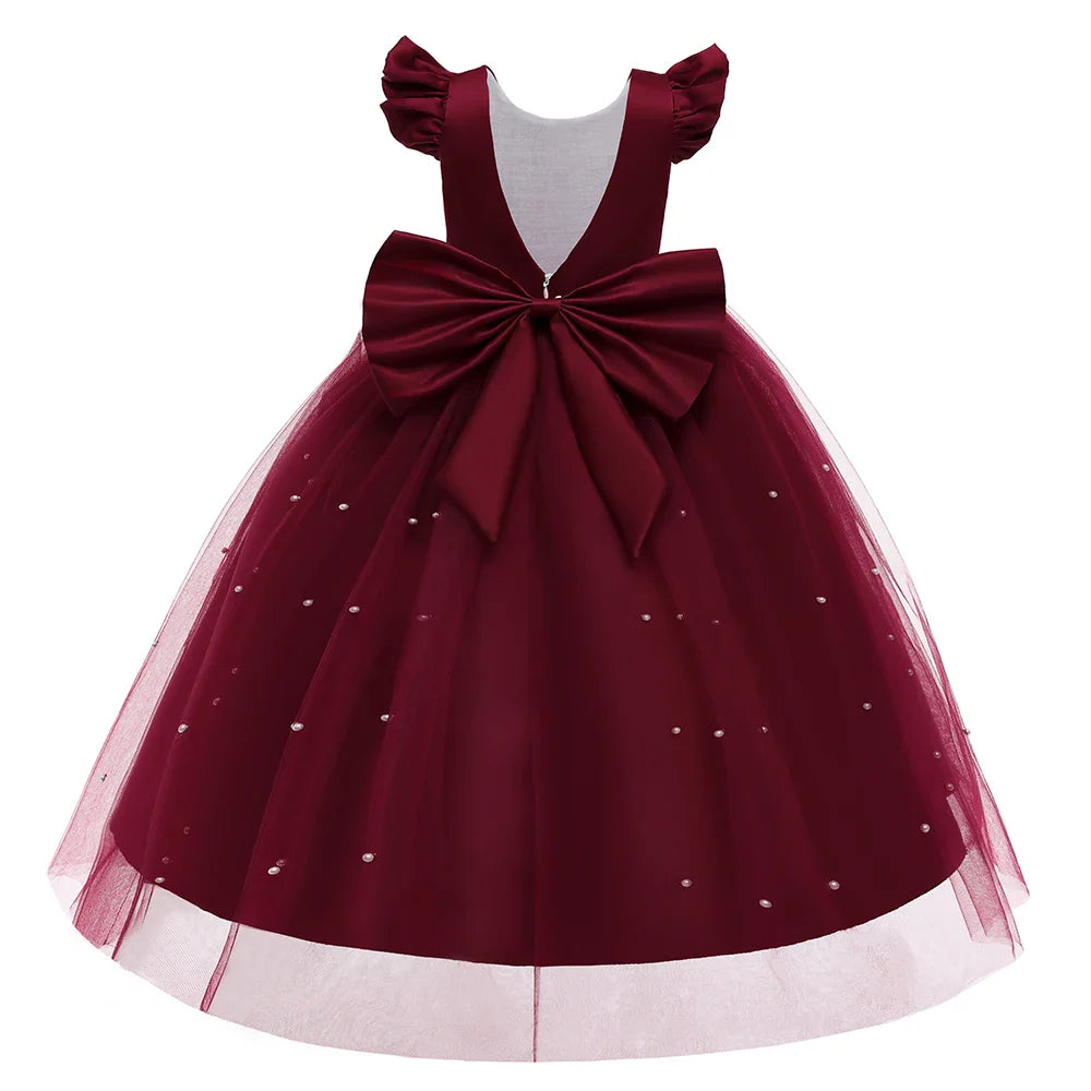 Teen Big Bow Girls Princess Dresses for Bridesmaids Kids Party Dress for Girl Beading Wedding Prom Pageant Dress Gown 5-14 Years