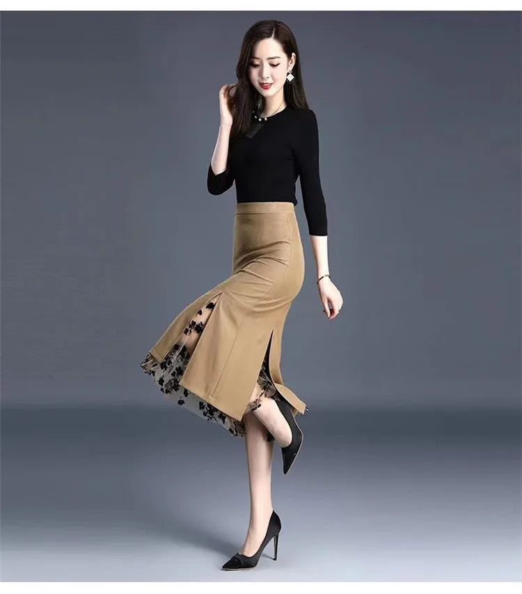 2026 Women Spring Summer Irregular Mesh Skirt Band Splice High Waist Skirt Knee Khaki Split Office Lady Skirt