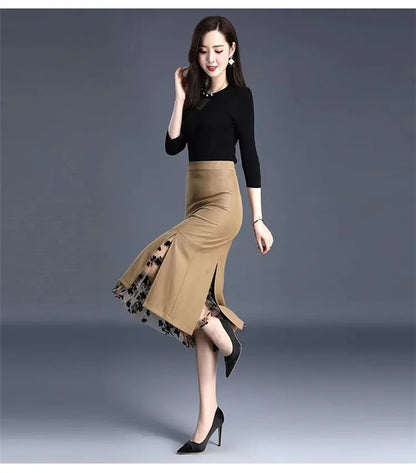 2026 Women Spring Summer Irregular Mesh Skirt Band Splice High Waist Skirt Knee Khaki Split Office Lady Skirt