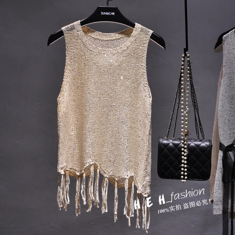 Sexy Shiny Gold Silver Knitted Tank Tops Women Bling Bling Sequined Tassels Knitted Vest  All Neon Store Clothes  Korean