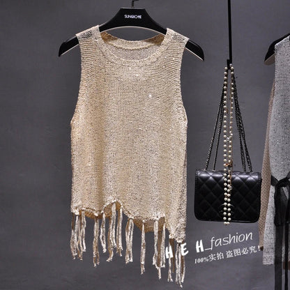 Sexy Shiny Gold Silver Knitted Tank Tops Women Bling Bling Sequined Tassels Knitted Vest  All Neon Store Clothes  Korean