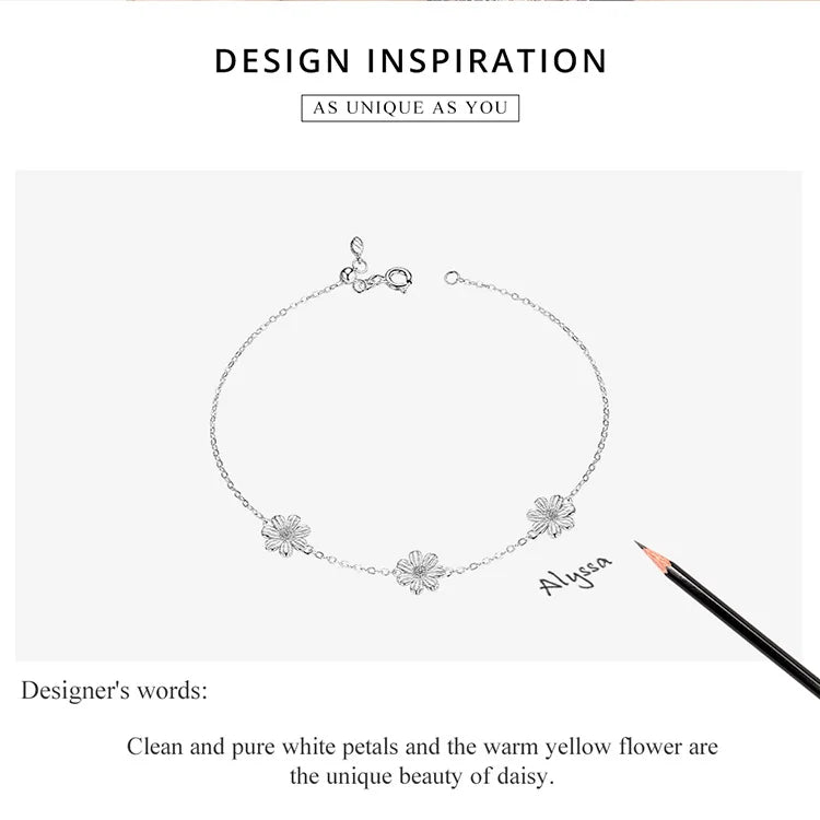 Daisy Flower Link Bracelet for Women Genuine 925 Sterling Silver Fresh Lovely Gifts Anti-allergy Gift Fine Jewelry SCB165