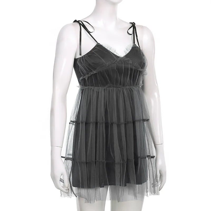 Dark Gothic Elegant Dress Women Emo Alt Vintage Mesh Patchwork Lace Up High Waist Dress Y2k Harajuku Mall Goth Partywear