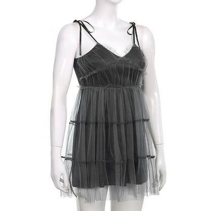 Dark Gothic Elegant Dress Women Emo Alt Vintage Mesh Patchwork Lace Up High Waist Dress Y2k Harajuku Mall Goth Partywear