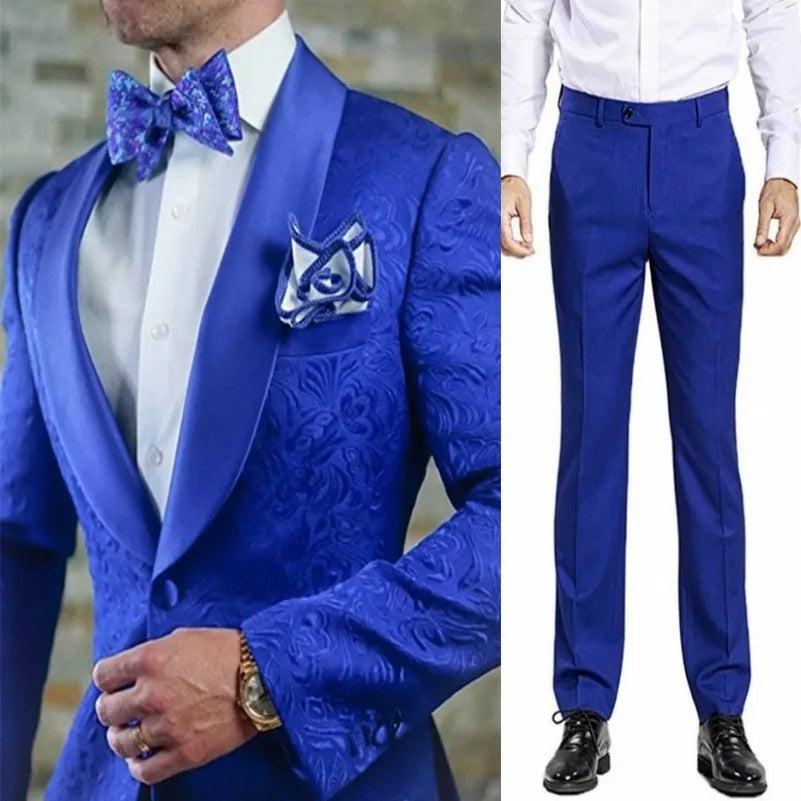 White Pattern Groom Tuxedos Shawl Satin Lapel Men Suits 2 Pieces Wedding Bridegroom ( Jacket + Pants + Tie  ) D201