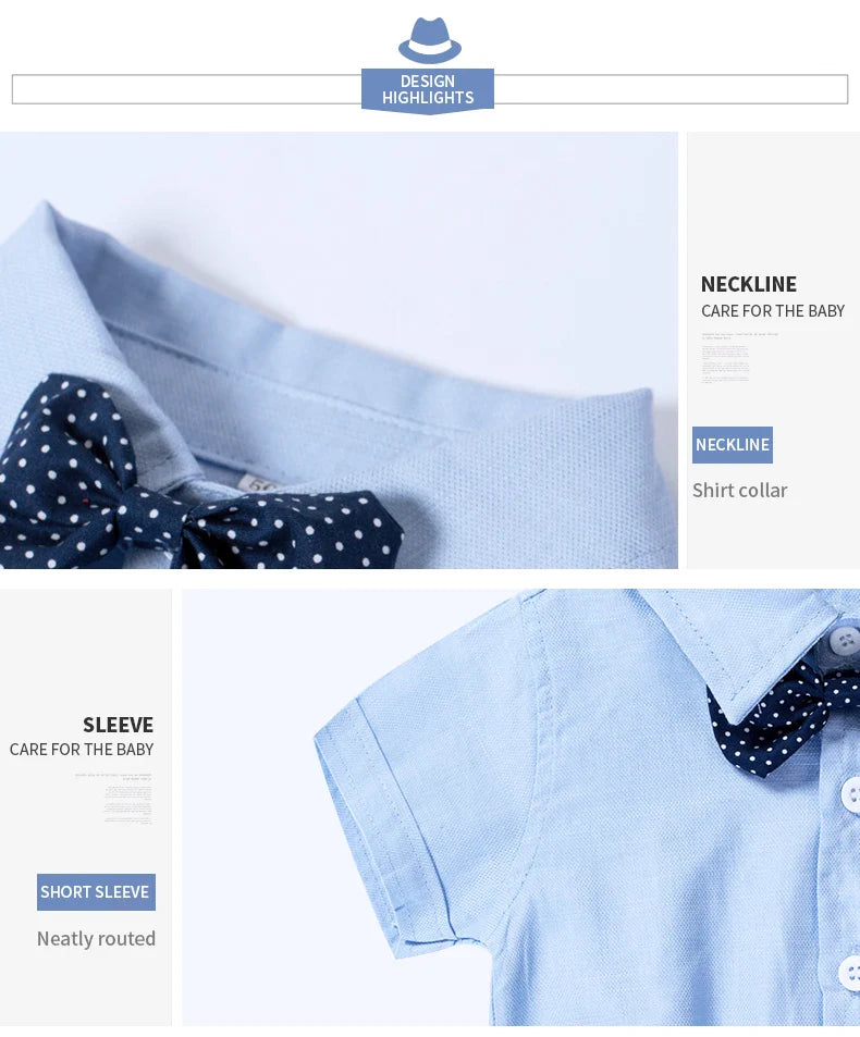 Solid Newborn Baby Boy Outfit Set Bow Formal Gentleman Suit for Toddlers Summer Sky Blue Romper + White Shorts Clothes for Baby
