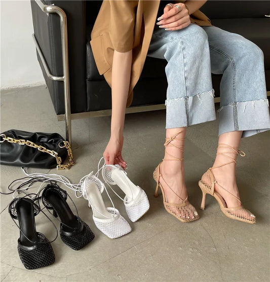 White Hollow Mesh Woman Pumps Sandals Square Toe High Heel Ankle Lace Up Cross-tied Party Dress Female Shoes
