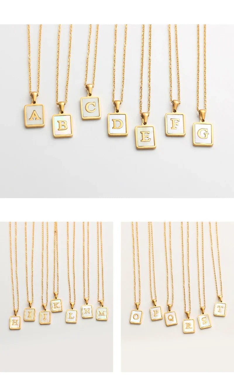Minimalist Mother of Pearl Shell Stainless Steel Tarnish Free Initial Necklace Gold Plated Letter Necklace for Women