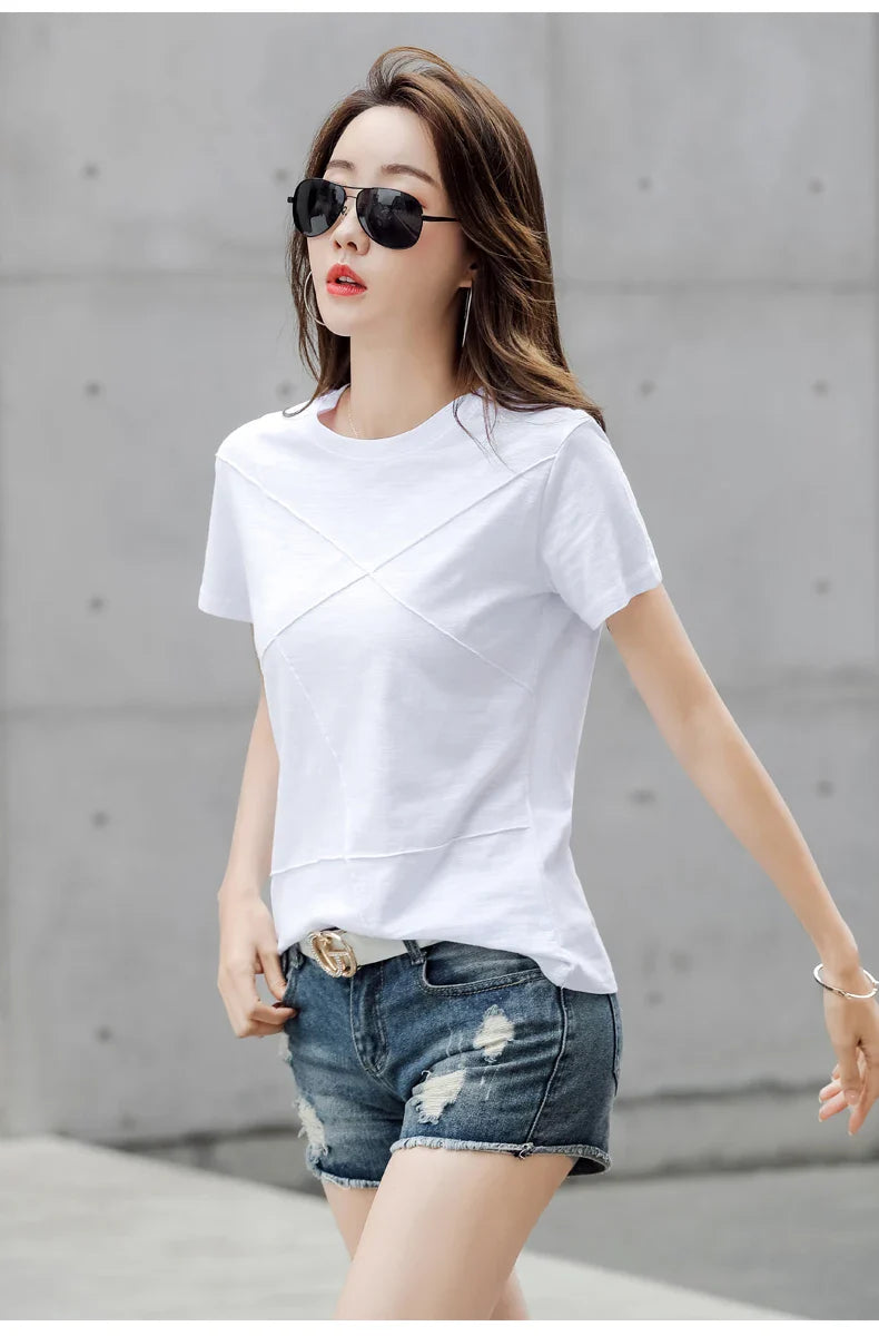 Summer Slim Cotton Bamboo T-Shirts Women 2026 O-Neck Short Sleeve Ribbed Tshirts Female Casual Solid Color Tops