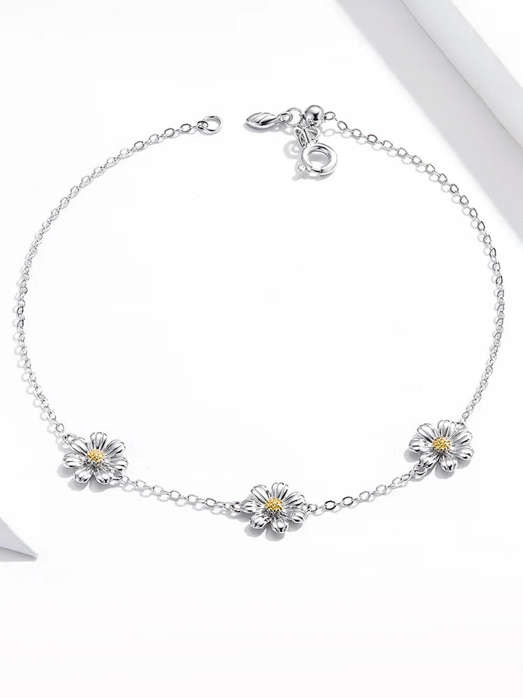 Daisy Flower Link Bracelet for Women Genuine 925 Sterling Silver Fresh Lovely Gifts Anti-allergy Gift Fine Jewelry SCB165