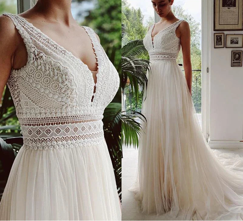 Bohemian Wedding Dresses V Neck Appliques Lace Tulle Ivory Elegant Customized Gowns A-Line Bride Boho vestidos de novia