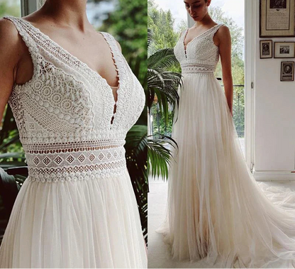 Bohemian Wedding Dresses V Neck Appliques Lace Tulle Ivory Elegant Customized Gowns A-Line Bride Boho vestidos de novia