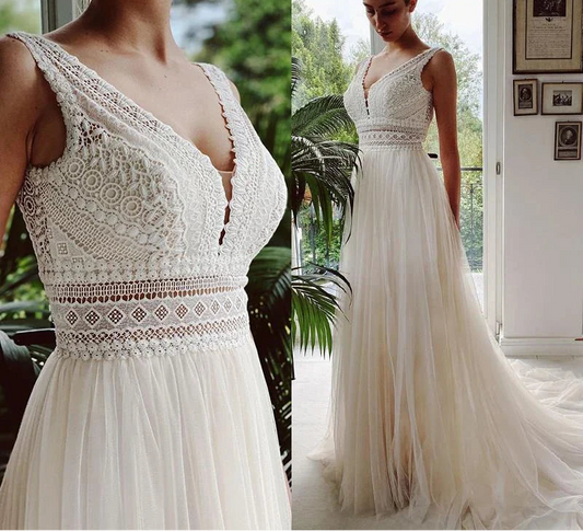 Bohemian Wedding Dresses V Neck Appliques Lace Tulle Ivory Elegant Customized Gowns A-Line Bride Boho vestidos de novia
