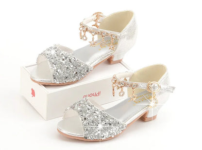 Girls Sandals Children Crystal Shoes 2023 Summer Kids Glitter Shoes High Heels Sequined Rhinestone Pendants Open Toes Princess
