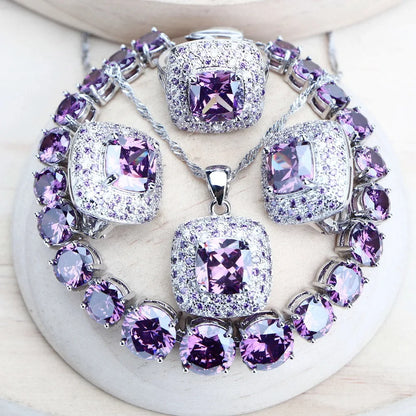Purple Zirconia Women Bridal Jewelry Sets Silver 925 Fine Costume Jewellery Wedding Earrings Rings Bracelets Pendant Necklace