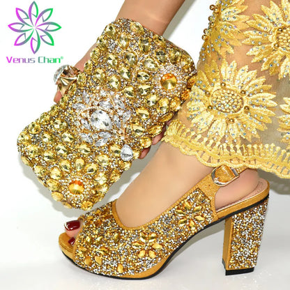 New Shoe and Matching Bag for Nigeria Party Slip on Shoes for Women Ladies Italian Shoes and Bag Set Decorated with Rhinestone