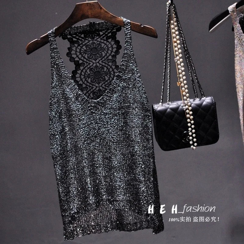 Yan Li  Sexy Shoulders and Heart Leakage Hang Sequined Jacket Neck Lace Knitting Wear Outside Hang Back  Sleeveless Top Women