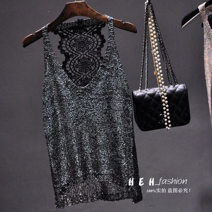 Yan Li  Sexy Shoulders and Heart Leakage Hang Sequined Jacket Neck Lace Knitting Wear Outside Hang Back  Sleeveless Top Women
