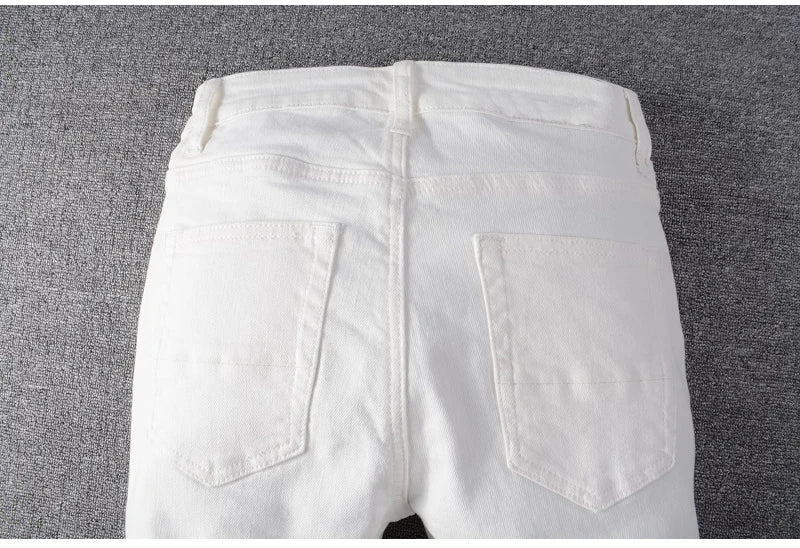 Men's White Crystal Holes Ripped Jeans Fashion Slim Skinny Rhinestone Stretch Denim Pants