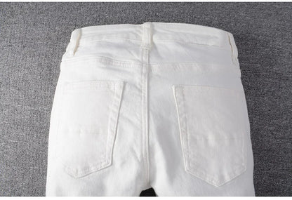 Men's White Crystal Holes Ripped Jeans Fashion Slim Skinny Rhinestone Stretch Denim Pants