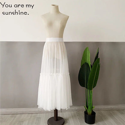 2020 Women Sexy Mesh Transparent Long Tulle Skirt Korean Fashion Summer Ladies Elastic High Waist Black White Beach Midi Skirt