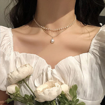 Fashion Kpop Pearl Choker Necklace Cute Double Layer Chain Pendant For Women Jewelry Girl Gift