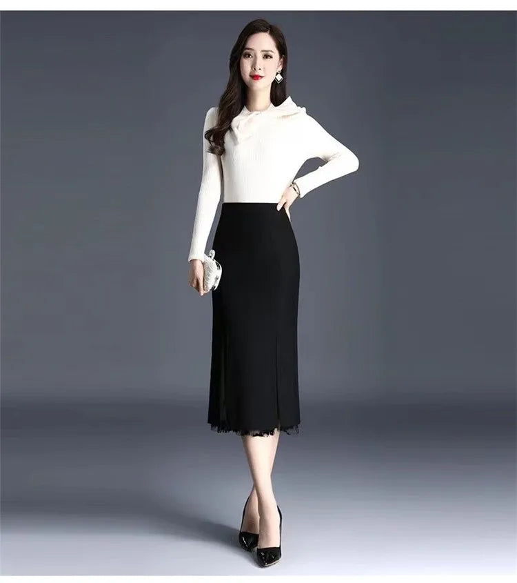 2026 Women Spring Summer Irregular Mesh Skirt Band Splice High Waist Skirt Knee Khaki Split Office Lady Skirt