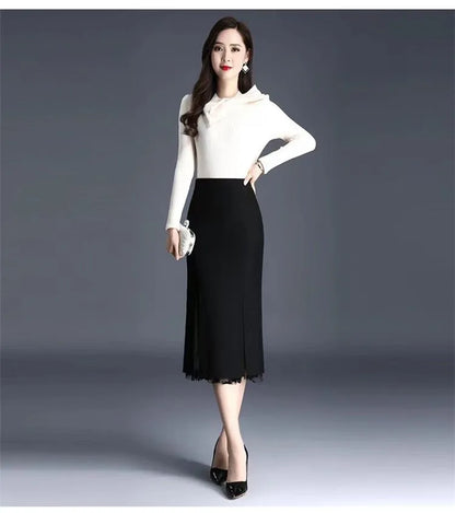 2026 Women Spring Summer Irregular Mesh Skirt Band Splice High Waist Skirt Knee Khaki Split Office Lady Skirt