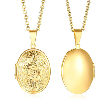 Delicate Floral Oval Heart Locket Pendant Necklaces for Women,Stainless Steel Photo Frame Promise Love Keepsake Gift