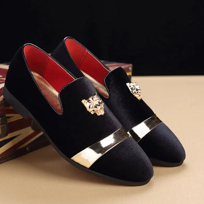 Men dress shoes Wedding Party shoes Loafers Fashion Tiger Gold metal Men Flats