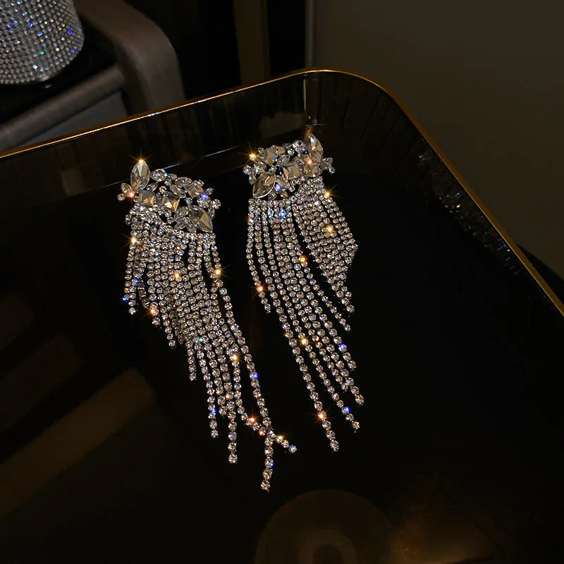 New Long Tassel Geometric Drop Earrings for Women Oversize Flowers Crystal Dangle Earrings Statement Jewelry