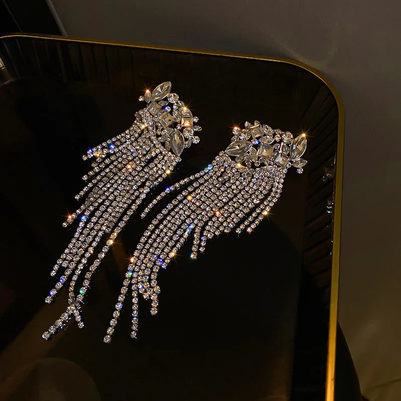 New Long Tassel Geometric Drop Earrings for Women Oversize Flowers Crystal Dangle Earrings Statement Jewelry