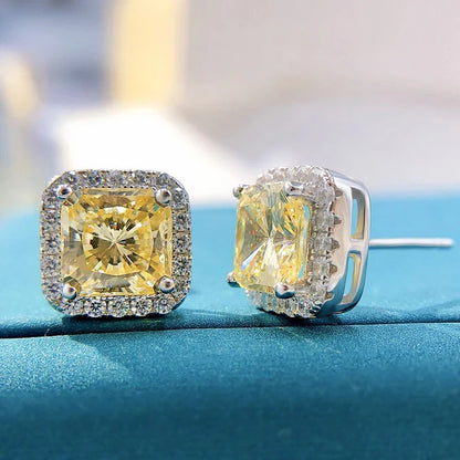 100% 925 Sterling Silver 7*7mm Pink Yellow High Carbon Diamond Stud Earrings For Women Sparkling Wedding Fine Jewelry Gift