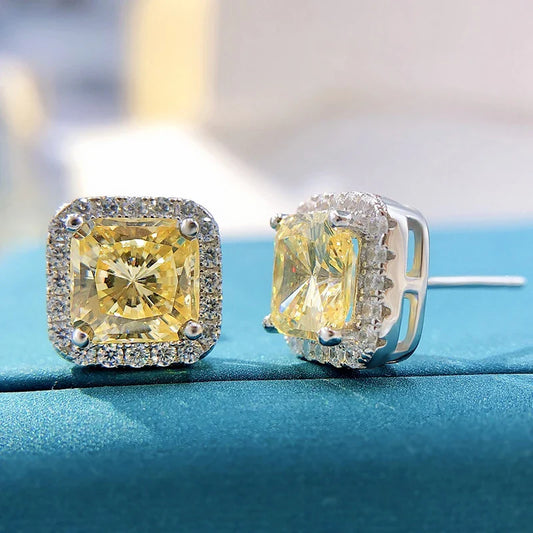 100% 925 Sterling Silver 7*7mm Pink Yellow High Carbon Diamond Stud Earrings For Women Sparkling Wedding Fine Jewelry Gift