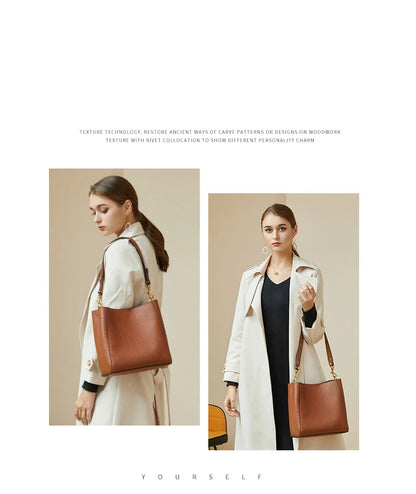 Genuine Leather Casual Shopper Shoulder Bag Commuter Large Bucket Handbag Simple High Quality Women Tote Underarm Bags
