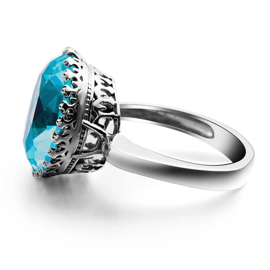 Vintage 100% 925 Sterling Silver 15ct Round Created Aquamarine Ring For Women Famous Branded Handmade Fine Jewelery 2024